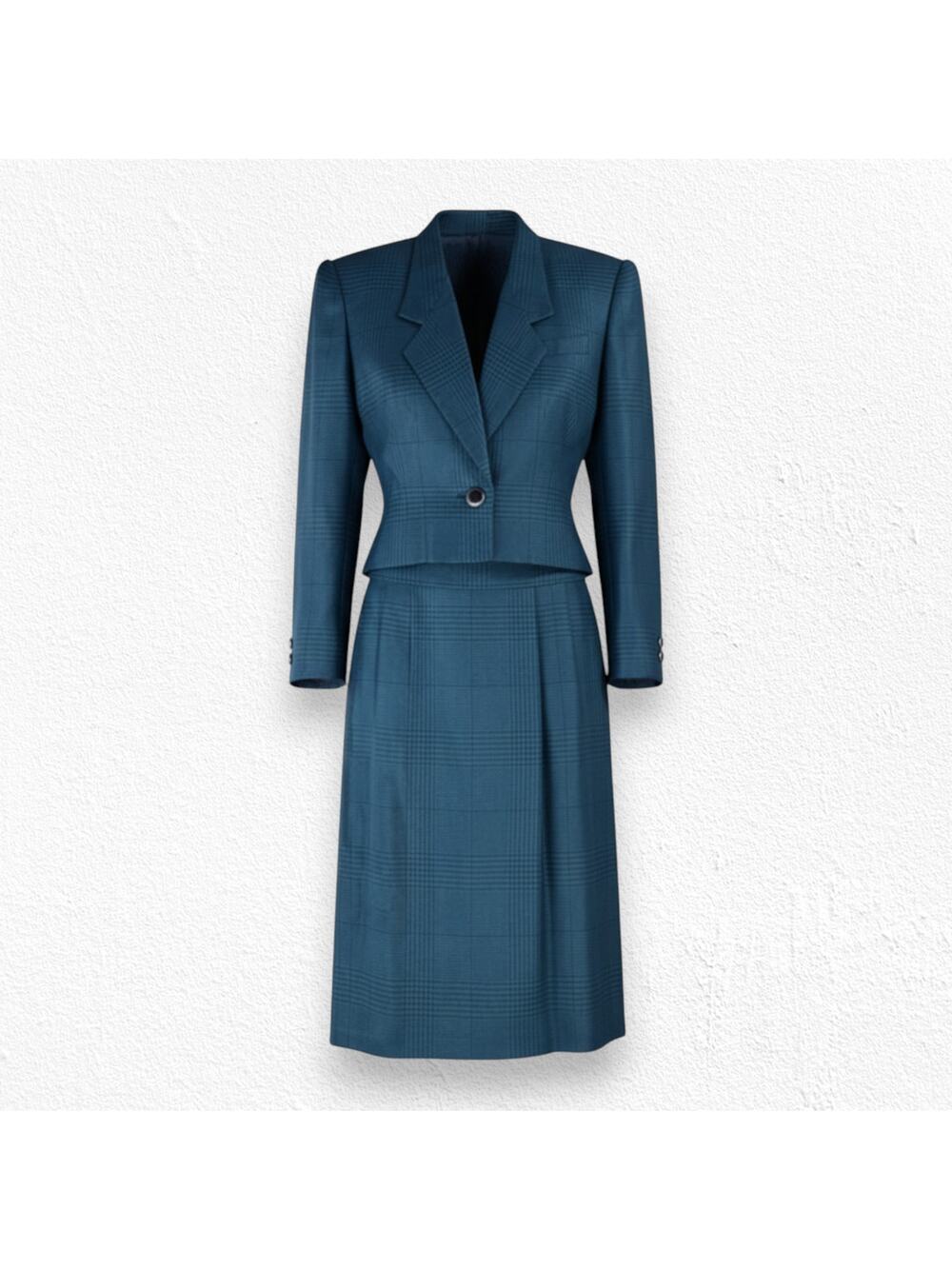 Vintage 80s Green Navy Houndstooth Skirt Suit Blazer Skirt Power Suit Set Size 4